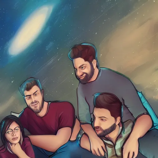 Prompt: Karim, Sara and Daniel living in a parallel universe, sitting on a couch, flying through the multiverse, hd 8k, artstation