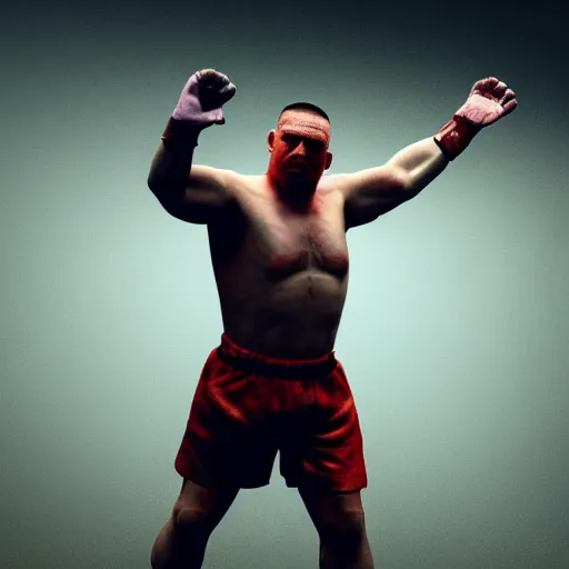 Image similar to Live Action Still Pig Man As Boxer with his hands raised in victory, real life, hyperrealistic, ultra realistic, realistic, highly detailed, epic, HD quality, 8k resolution, body and headshot, film still,Exquisite detail, post-processing, masterpiece, Cinematic Lighting, Unreal Engine, 8k, HD