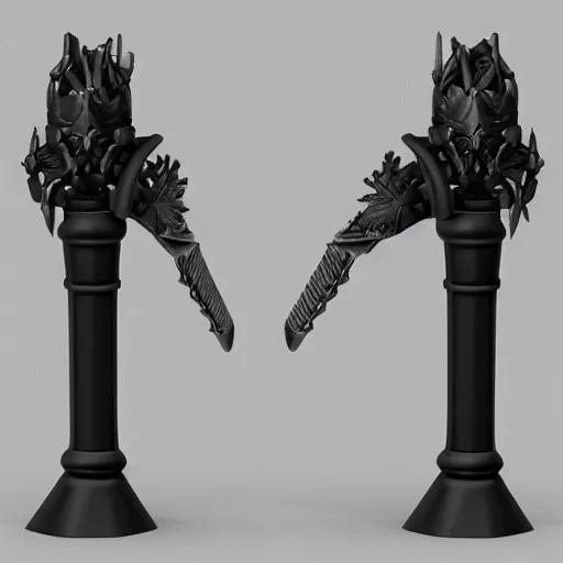 Image similar to a black sword skull handle, ornament, weapon, a 3 d render by dom qwek, studio lighting, raytracing, trending on polycount, futurism, hard surface modeling, rendered in maya, 3 ss max, blender, artstation hd