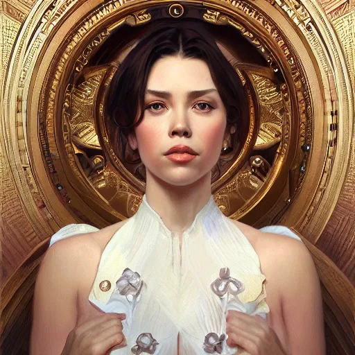 Image similar to ultra realistic illustration, scarlett estevez as president, intricate, elegant, highly detailed, digital painting, artstation, concept art, smooth, sharp focus, illustration, art by artgerm and greg rutkowski and alphonse mucha