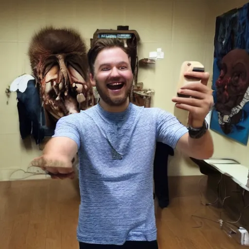 Prompt: a selfie of a guy smiling while standing next to a horrifying thing