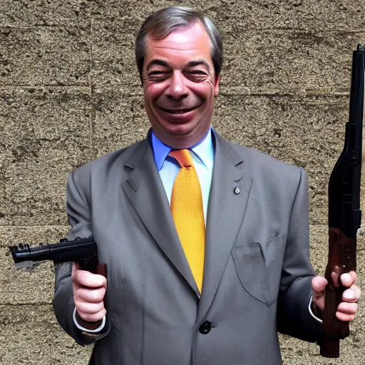 Image similar to nigel farage holding a rifle, photograph, hd