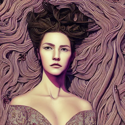 Image similar to the portrait of an incredibly beautiful woman made of potatoes roots and violets, an ultrafine detailed illustration by james jean, final fantasy, intricate linework, bright colors, behance contest winner, vanitas, angular, altermodern, unreal engine 5 highly rendered, global illumination, radiant light, detailed and intricate environment