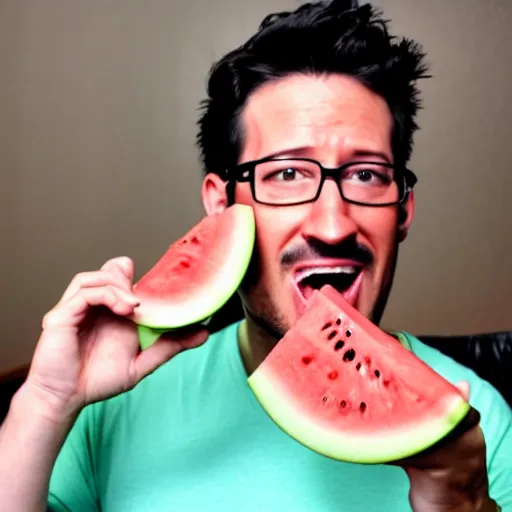 Image similar to markiplier eating numerous watermelons, 8k