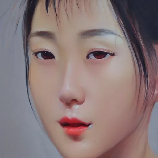 Image similar to perfect, realistic oil painting of close-up japanese girl face, in Marvel and DC style, by an American professional senior artist, Hollywood concept, dynamic composition and motion, postproduction.