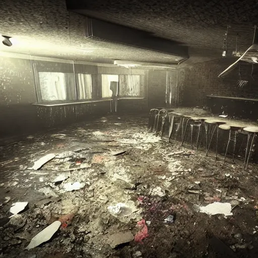 Prompt: abandoned nightclub dirt water detailed highly detailed lifelike photorealistic