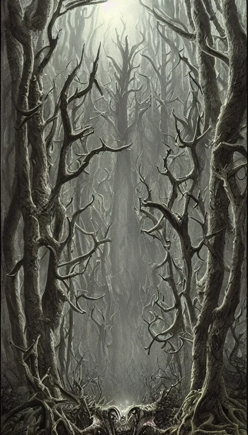 Prompt: a storm vortex made of many demonic eyes and teeth over a forest, by james gurney