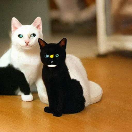 Image similar to [two cat] in the picture [white cat with green eyes] to the left, [black cat with yellow eyes], to the right