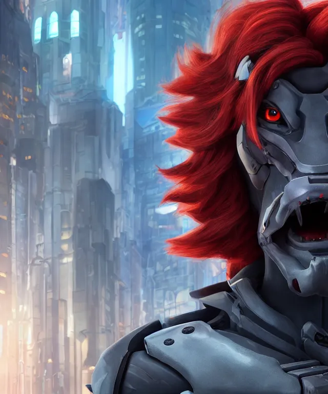 Image similar to portrait of a male anthropomorphic dark gray wolf with red hair and blue eyes in a futuristic city, hyper detailed, digital art, trending in artstation, cinematic lighting, studio quality, smooth render, unreal engine 5 rendered, octane rendered, art style by pixar dreamworks warner bros disney riot games and overwatch.