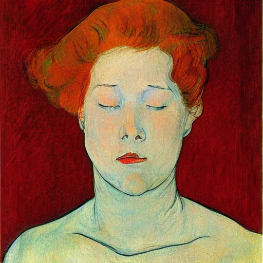 Prompt: portrait of a woman, oilpaint, red hair, one eye closed, henry de toulouse lautrec