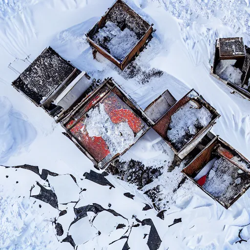 Image similar to abandoned mine and crates full of supplies buried in snow::2 snowy region on coast of Iceland, aerial drone perspective, top down view ::1 sattelite image of snow from 250 meters height, some coal boxes and barrels are covered in snow, old mine remains :: 1 post apocalyptic, snowstorm ::5