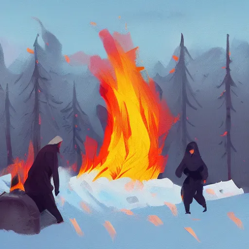 Image similar to a camp with tents on fire, burning down, shadows of 3 girls watching the camp burn, snow, dusk, painted by Sylvain Sarrailh, trending on Artstation