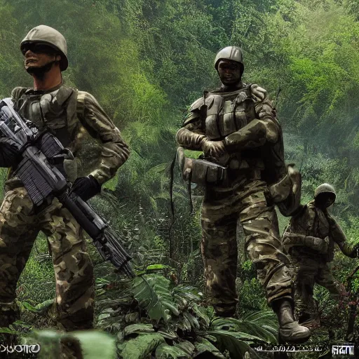 Prompt: commandos patrolling jungle, cinematic, HDR