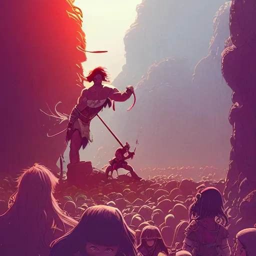 Image similar to conan the barbarian in the park, surrounded by children, illustration, wide shot, subtle colors, concept art by josan gonzales and wlop, laurie greasley, jordan grimmer and james jean, highly detailed, sharp focus, trending on artstation, hq, deviantart, art by artgem