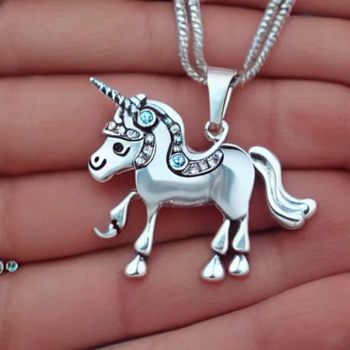 Image similar to a lovely cute silver cartoon unicorn necklace pendant, pandora style, tiffany style, swarovski style, van cleef & arpels style, cartier style, boucheron style, bulgari style, chaumet style, elegant, noble, stylish