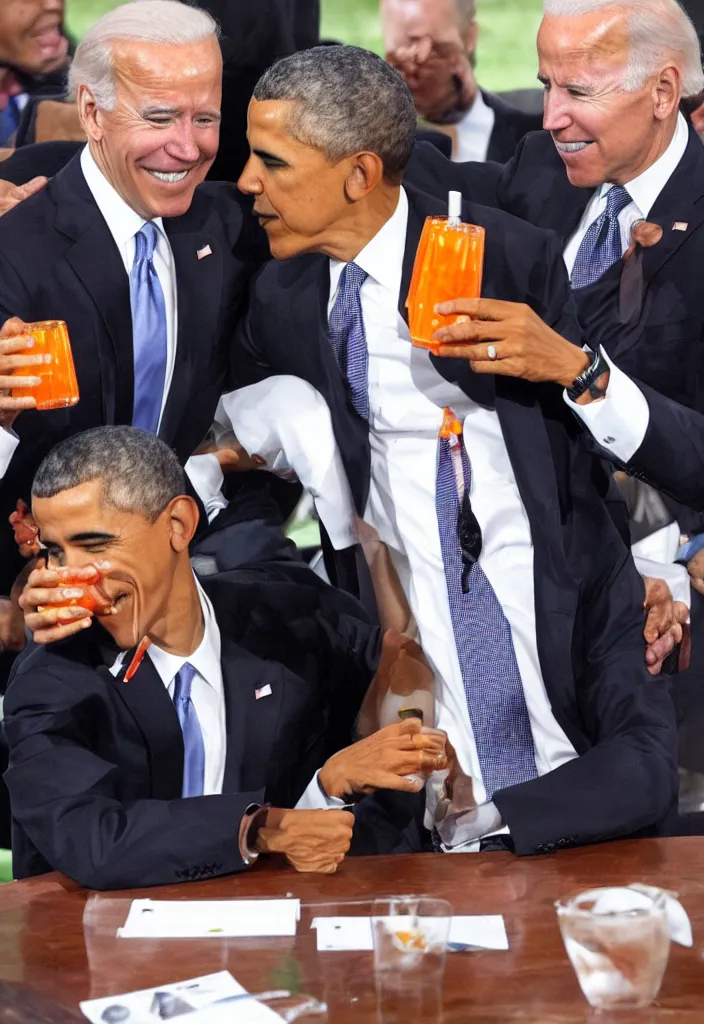 Prompt: An award winning image of Barack Obama drinking Fanta soda in front of Joe Biden