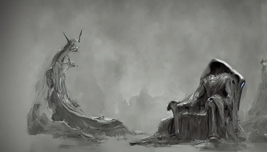 Prompt: A Big Enigmatic Hooded Being sits on his throne, low angle shot, concept art, denis villeneuve