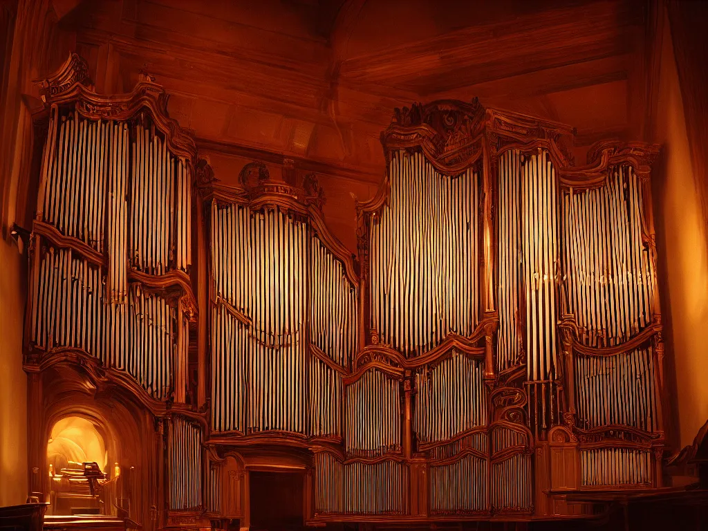 Prompt: hyper realistic photo of a luxury pipe organ interior volumetric lights designed by alan lee