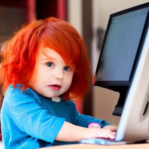 Prompt: red-haired toddler at a desktop computer