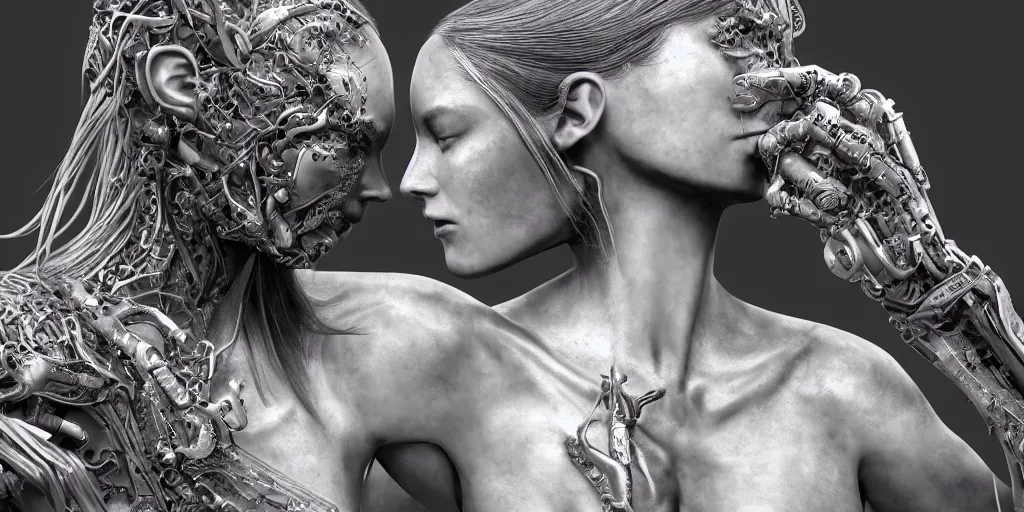 Image similar to hyperrealistic photography of a stunningly cyborg female, intimate, holding hands, kissing, in the style of beth cavener, jin kagetsu,, and wlop, highly detailed, intricate filigree, chrome face symmetry, masterpiece, award - winning, sharp focus, concept art, high key, ambient lighting, 8 k, octane render, artstation