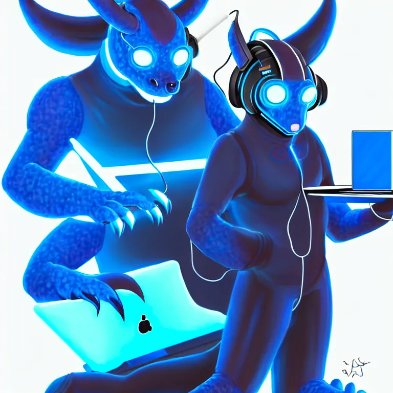 Image similar to an anthropomorphic male blue dragon fursona wearing a cybernetic suit, headphones on his head, laptop, cyberpunk, chubby, furry, soft colors, oil on canvas, digital art, soft lighting