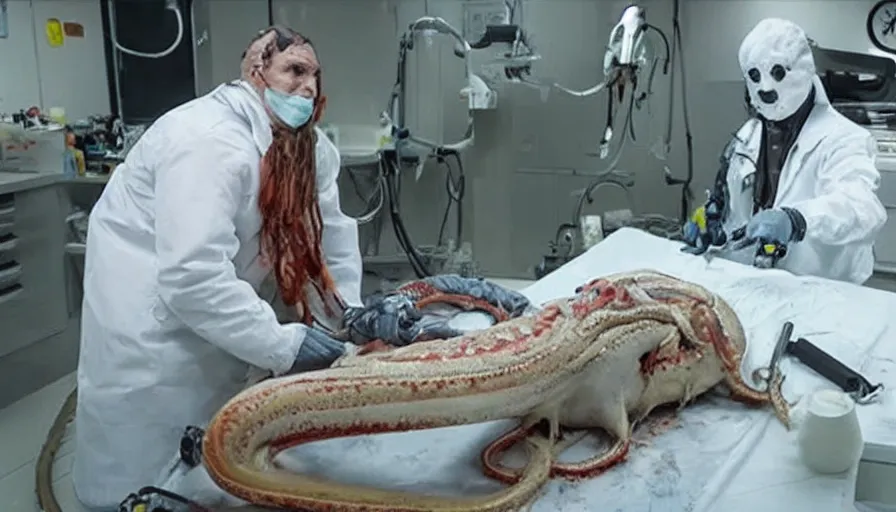 Prompt: Big budget horror movie about a cyborg doing an autopsy on a giant squid