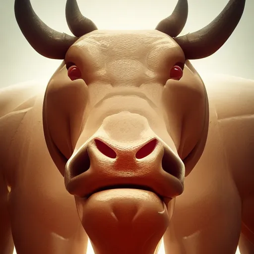 Image similar to a bull android modeled after a bull looking into the camera, android, cyborg, half body, intricate, 3 d, hyper realism, fantasy, depth of field, octane render, symmetrical, highly detailed, digital art, artstation, concept art, cinematic lighting, trending