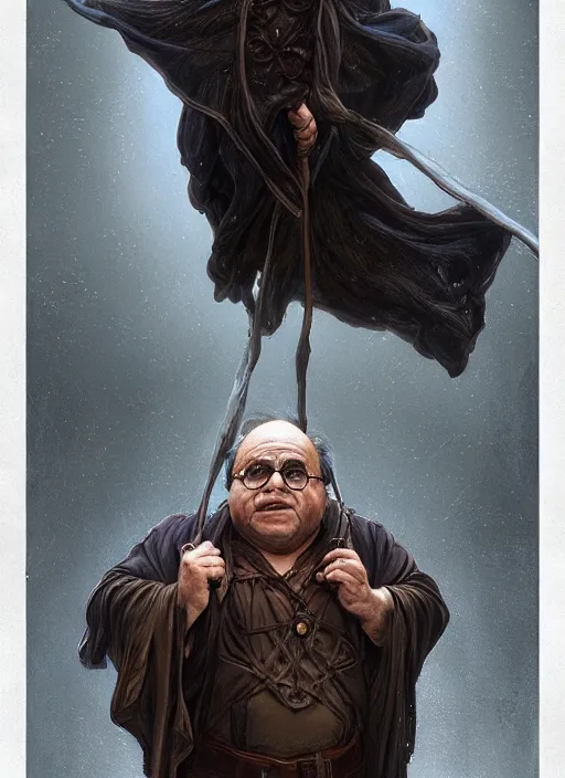 Image similar to Portrait of Danny DeVito, cloak, male, fantasy, extremely detailed, digital painting, artstation, concept art, smooth, sharp focus, illustration, stunning lighting, art by artgerm and greg rutkowski and alphonse mucha and simon stalenhag, realistic character concept, high fantasy, dark atmosphere, golden ratio, cinematic lighting, hyperdetailed, high resolution, insanely detailed and intricate, artstation, Marc Simonetti, Greg Rutkowski, 8k