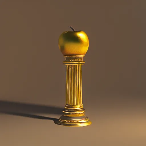 Image similar to single golden apple on a roman pillar made of marble, 4k, octane render, studio lighting