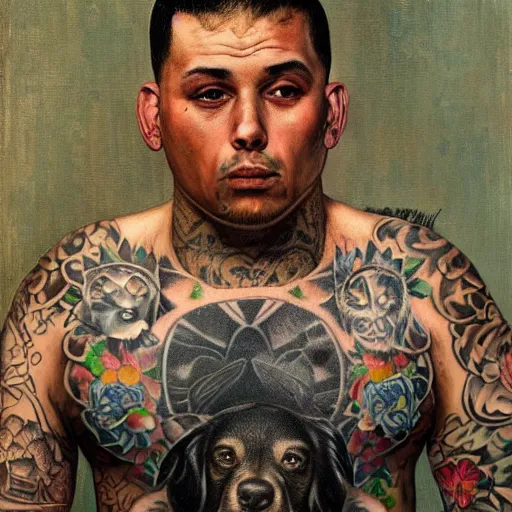 Prompt: A Frontal portrait of a heavily tattooed MS-13 gang member as a prisoner awaiting sentencing with tattoos of flowers and butterflies and puppies and Hello Kitty and Rainbow Bright, inside an abandoned warehouse. A painting by Norman Rockwell.