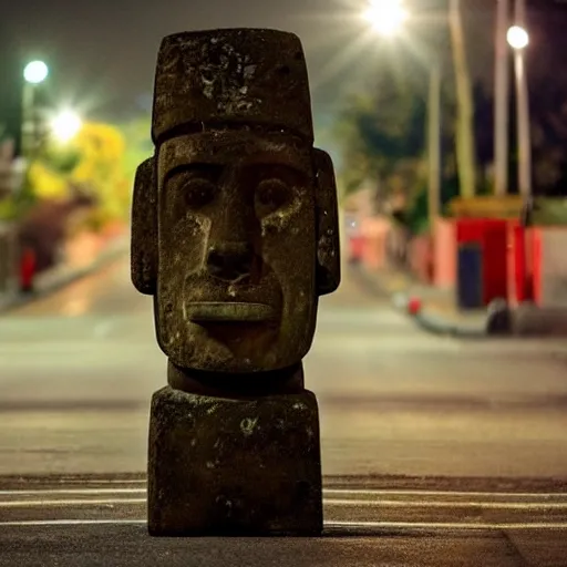 Image similar to a moai head statue skateboarding on the street, set at night