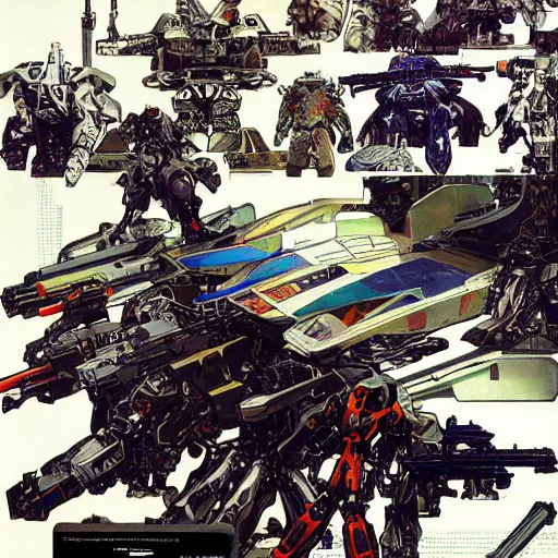 Prompt: syd mead roger dean alphonse mucha yoji shinkawa moebius victo ngai hyperrealism combat warrior mech combat robot mech suit exosuit guns gunfire explosions skirmish warfare gunfire death,