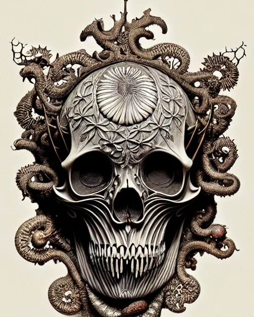 Image similar to art forms of nature by ernst haeckel, memento mori by arthur rackham, ornate antique porcelain beautiful skull mask, ultrasharp, photorealistic, hyperdetailed, octane render, polished, art nouveau, neo - gothic, gothic, intricate ornamental organic filigree, art nouveau botanicals, art forms of nature by ernst haeckel, horizontal symmetry, symbolist, visionary