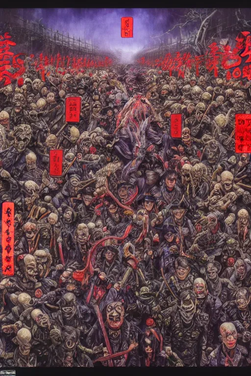 Image similar to 中 国 鬼 节, long procession of the dead is queuing up on the naihe bridge. comic book, psychedelic lights and fog, zdzislaw, ayami kojima, yamamoto, barclay shaw, karol bak, hyperrealist, 8 k