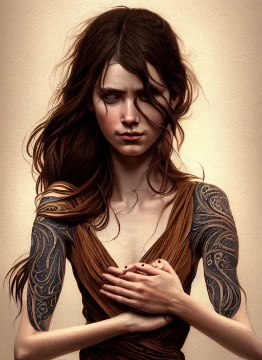 Prompt: portrait of a woman with brown hair wearing a flowing dress, holding her hands out, tattoos of insects, intricate, elegant, highly detailed, digital painting, artstation, concept art, smooth, sharp focus, illustration, art by wlop, mars ravelo and greg rutkowski