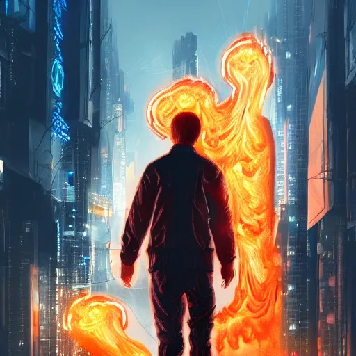 Image similar to young man from behind with flames coming out of hands flying in a cyberpunk city, very detailed, realistic, symmetrical face, art by digital painting,