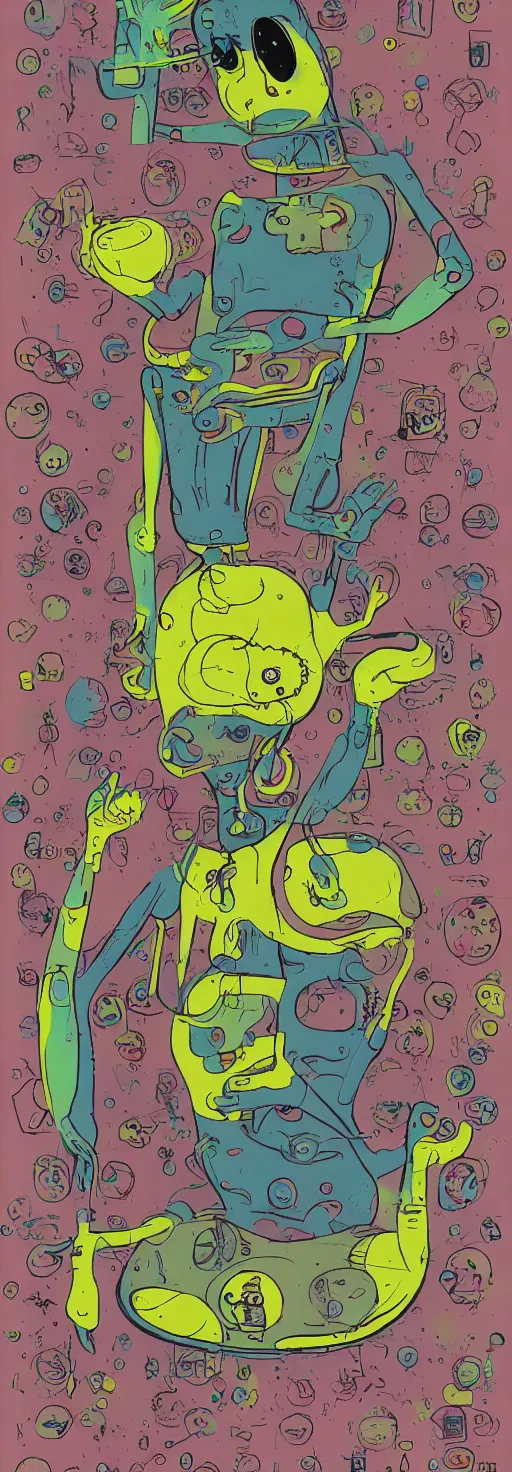 Prompt: a CMYK print of a body controlled by a brain, sitting at a control center, in the style of Gary Baseman. surreal, pulp, science fiction, design.
