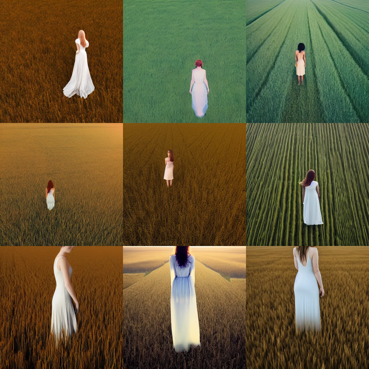 Prompt: aerial shot, a beautiful photo of a girl in a very wide semi-transparent thin light dress standing on a rye field, photo from the back, 135mm, trending on artstation