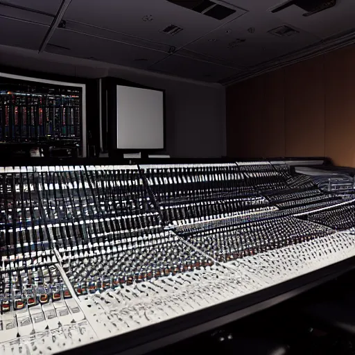 Image similar to Sharp photo of a mixing and mastering engineering studio. Expensive Genelec mastering loudspeakers, a large mixing desk. Emmy Award-winning mixing engineer studio. Cinematic dark lighting, dusty Atmosphere, award-winning photography, 35 mm f/2.8 photography. Sharp, 4k, anamorphic lens. Very, very detailed