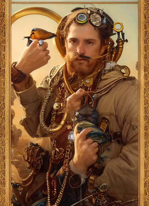 Image similar to hyper realistic fisherman, birds eye view, magical, gems, jewels, gold, steampunk, cyberpunk utopia, painted by tom bagshaw, mucha, gaston bussiere, craig mullins, j. c. leyendecker 8 k