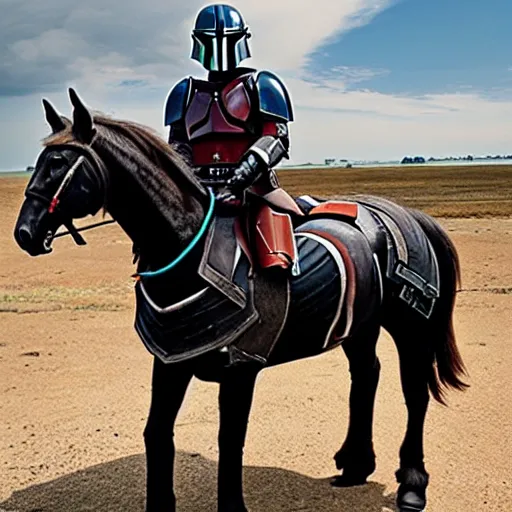 Image similar to a horse wearing mandalorian armour