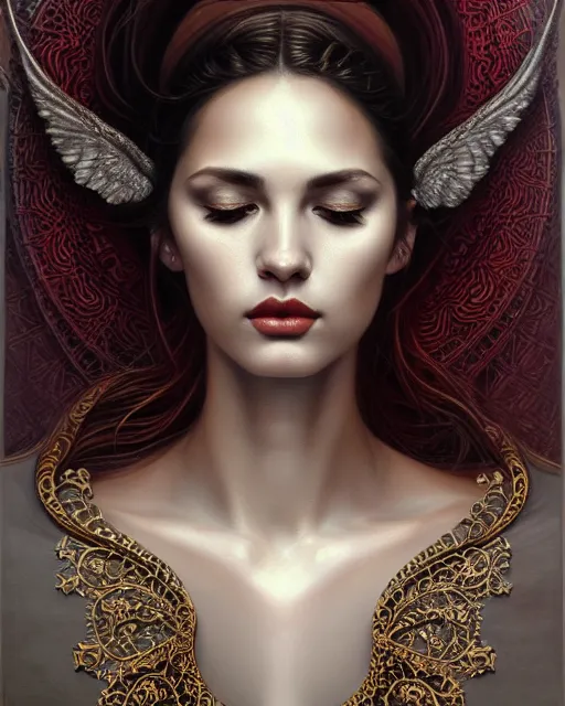 Prompt: portrait of a beautiful goddess, enigmatic beauty, dominant shades of grey, gold, silver, dark red, white, head in focus, fantasy art, ornamental aesthetics, intricate, elegant, highly detailed, hyperrealistic painting, artstation, concept art, painterly, sharp focus, illustration, art by karol bak