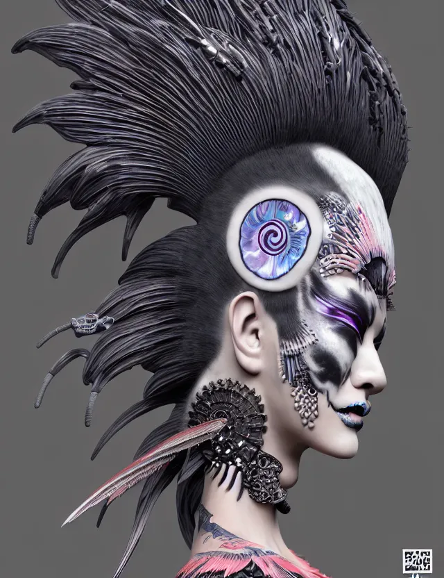 Image similar to 3 d goddess close - up profile portrait punk with mohawk with ram skull. beautiful intricately detailed japanese crow kitsune mask and clasical japanese kimono. betta fish, jellyfish phoenix, bio luminescent, plasma, ice, water, wind, creature, artwork by tooth wu and wlop and beeple and greg rutkowski