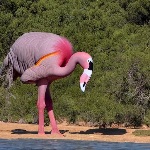 Image similar to photo of giant flamingo bigger than an elephant,