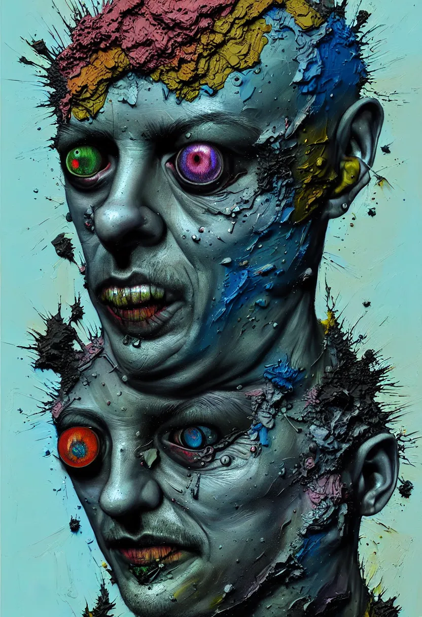 Image similar to art by gediminas pranckevicius, photoreal colorful gouache impasto portrait of rebel punk!!!! by nicola samori and russ mills, blue glowing aggressive led eyes, zbrush, greeble skin, dripping color, octane render