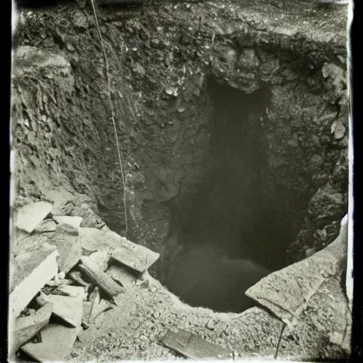 Image similar to looking over the edge of a wide mine shaft with water flowing down the walls into a dark hole, creepy, eerie, unsettling, terrifying, jagged rocks, dark, old polaroid, expired film,