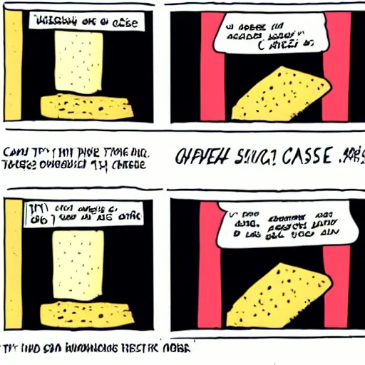 Prompt: a comic strip with 4 panels about cheese