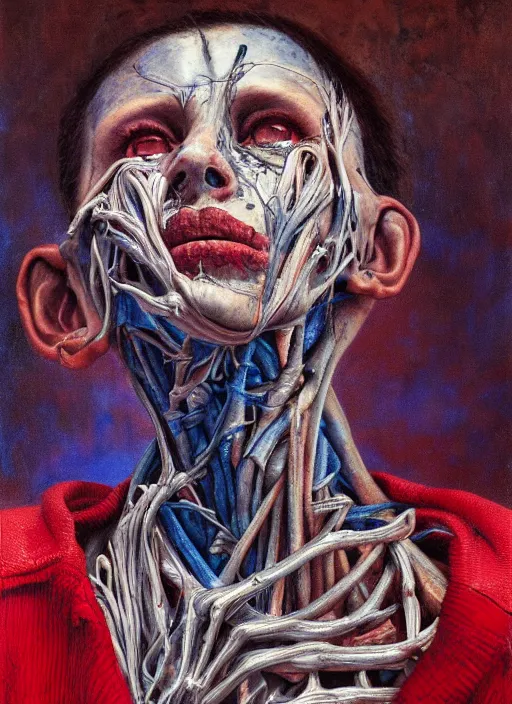 Image similar to highly detailed and textured painting of a deformed anatomical portrait, emotional, dark sky, horror, hauntingly surreal dystopian, emotionally expressive, highly detailed oil painting, soft light 4 k, red, blue and purple colour palette, cinematic composition, cinematic lighting, masterpiece by ernie barnes and jenny saville