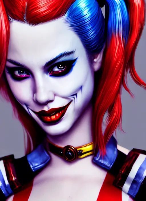 Image similar to photo of a gorgeous harley quinn in the style of stefan kostic, realistic, sharp focus, 8 k high definition, insanely detailed, intricate, elegant, art by stanley lau and artgerm