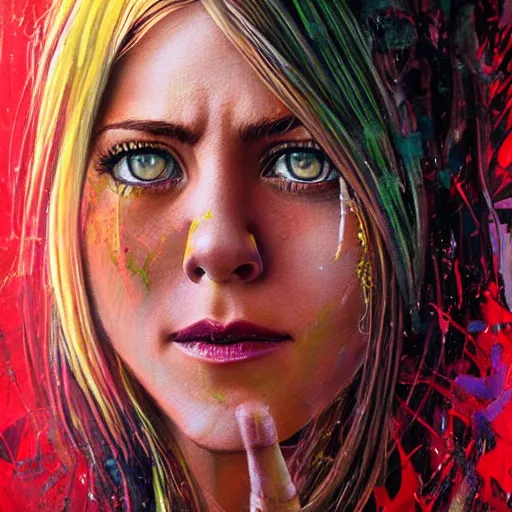Image similar to a Demon Slayer portrait of Jennifer Aniston, tall, pale-skinned, slender with lime green eyes and long eyelashes by Stanley Artgerm, Tom Bagshaw, Arthur Adams, Carne Griffiths, trending on Deviant Art, street art, face enhance, chillwave, maximalist, full of color, glittering